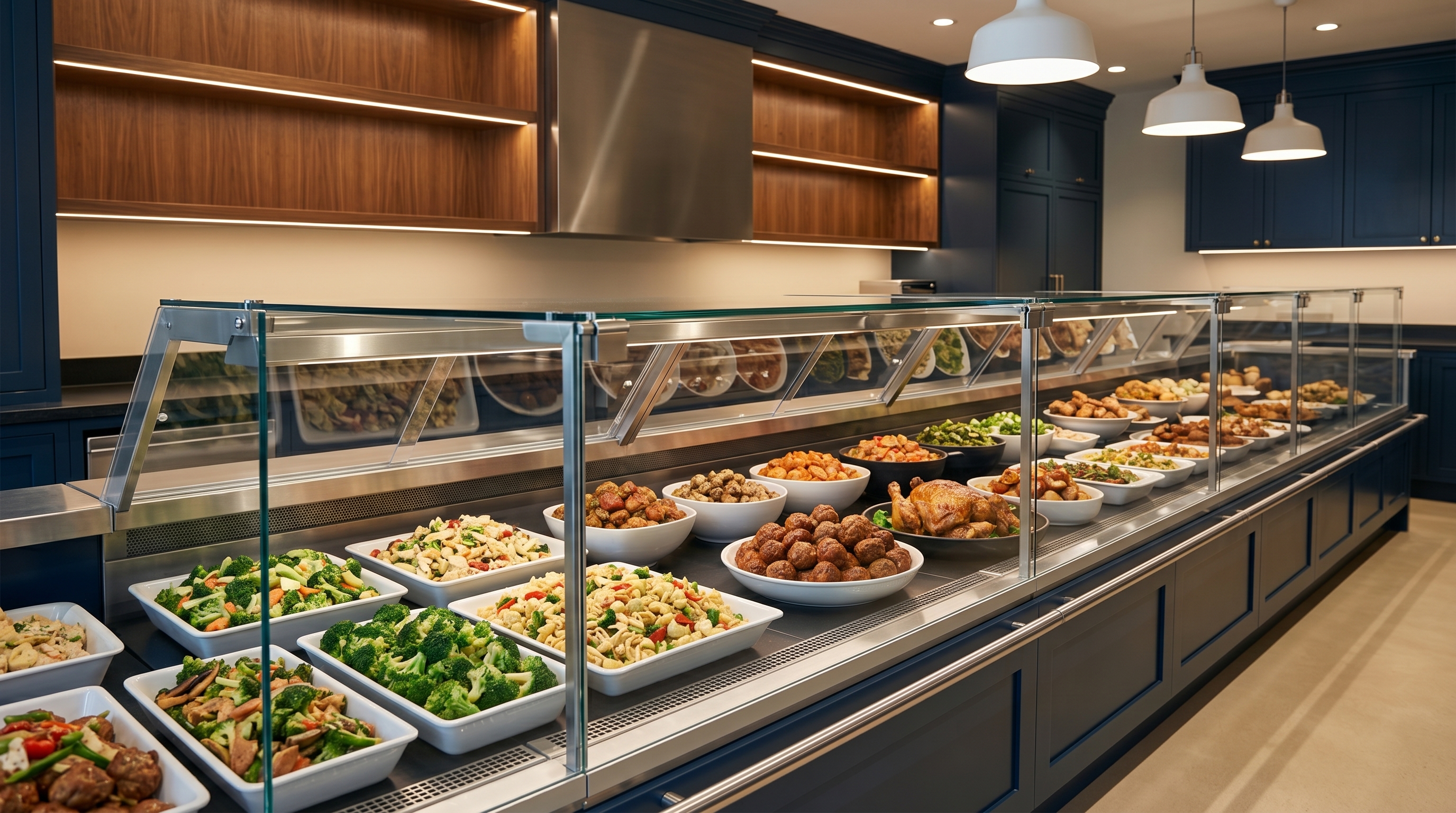 Editorial wide-angle photograph of a supermarket service deli counter with prepared trays in a glass case under warm overhead light, no people, no logos.